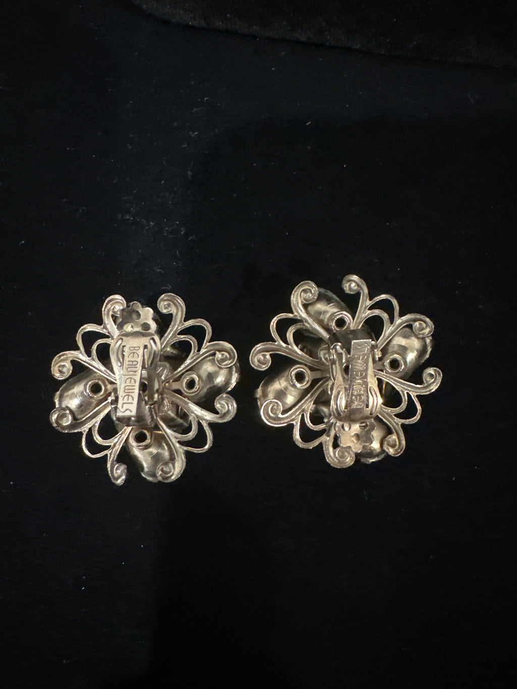 Vintage Signed Beau Jewels Purple Rhinestone Clip on Earrings
