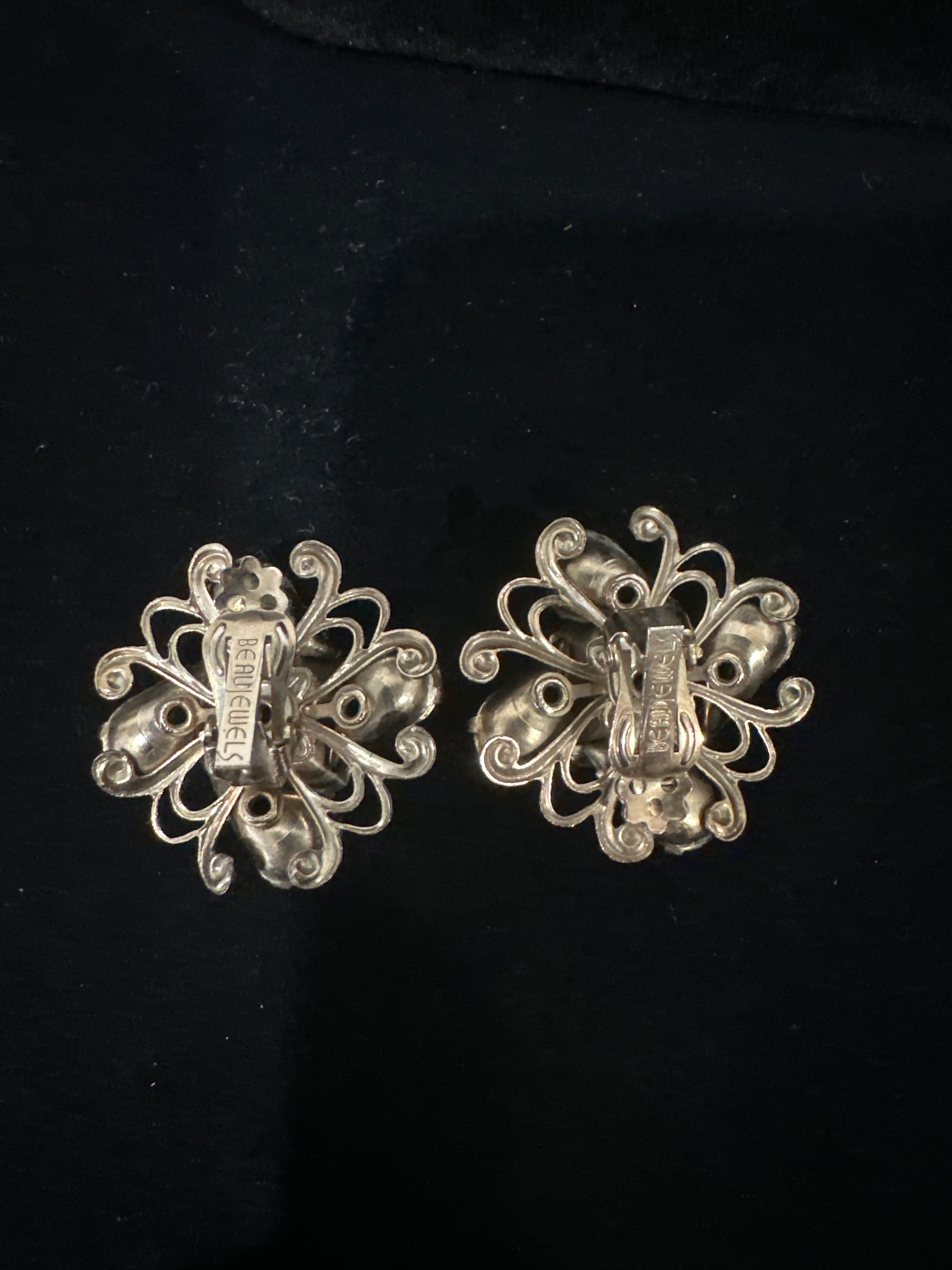 Vintage Signed Beau Jewels Purple Rhinestone Clip on Earrings