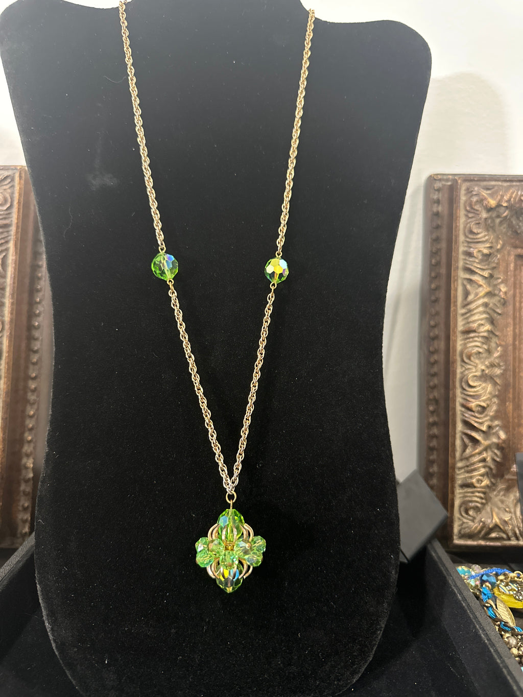 Antique Victorian Peridot Green Glass and Gold Tone Pendant Necklace