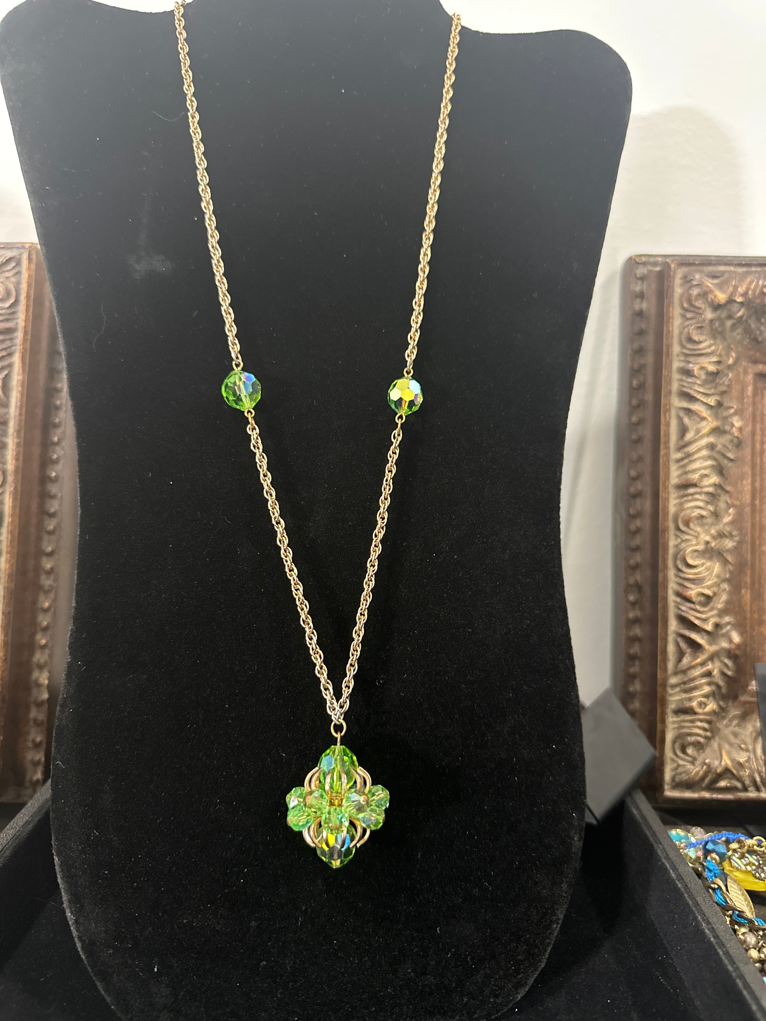 Antique Victorian Peridot Green Glass and Gold Tone Pendant Necklace